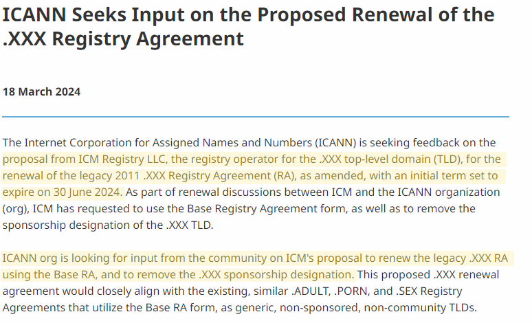 ICANN Seeks Input on the Proposed Renewal of the .XXX Registry Agreement