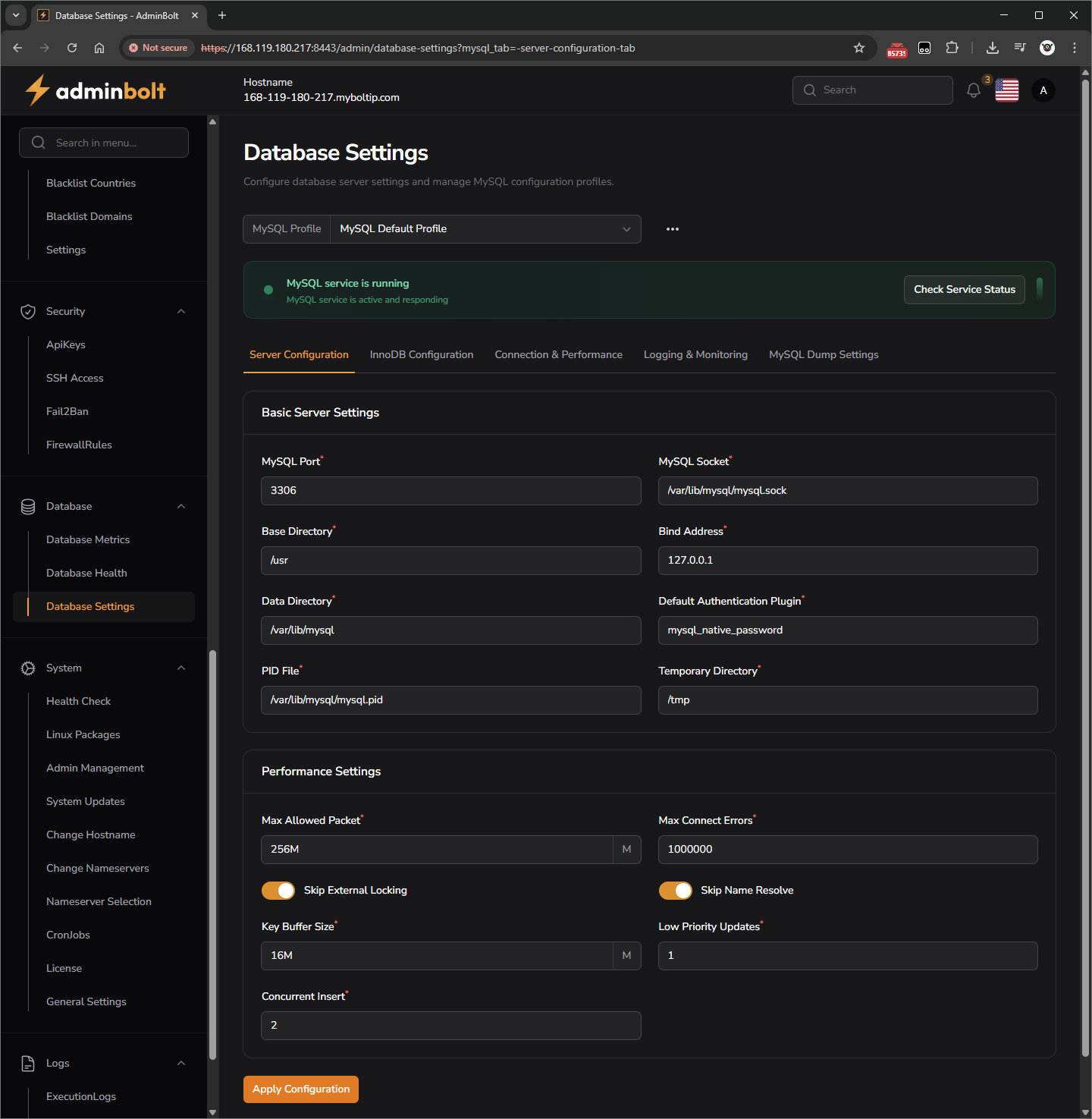 adminbolt database settings