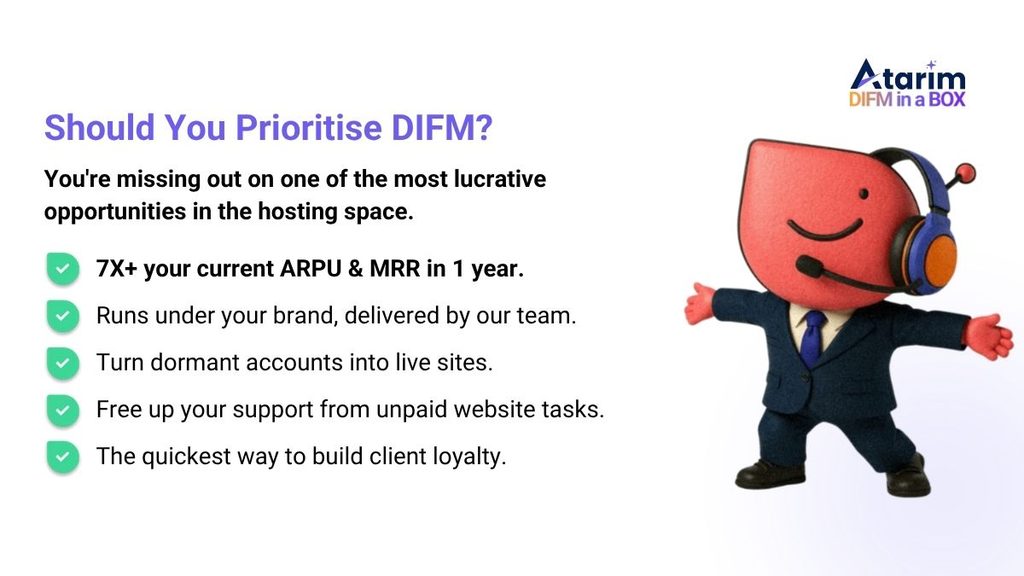 Atarim DIFM in a Box slide titled "Should You Prioritise DIFM?" with the subhead "You're missing out on one of the most lucrative opportunities in the hosting space." Five checkmarked benefits: 7X+ your current ARPU and MRR in 1 year; runs under your brand, delivered by our team; turn dormant accounts into live sites; free up your support from unpaid website tasks; the quickest way to build client loyalty. A cartoon mascot in a suit and headset stands to the right.